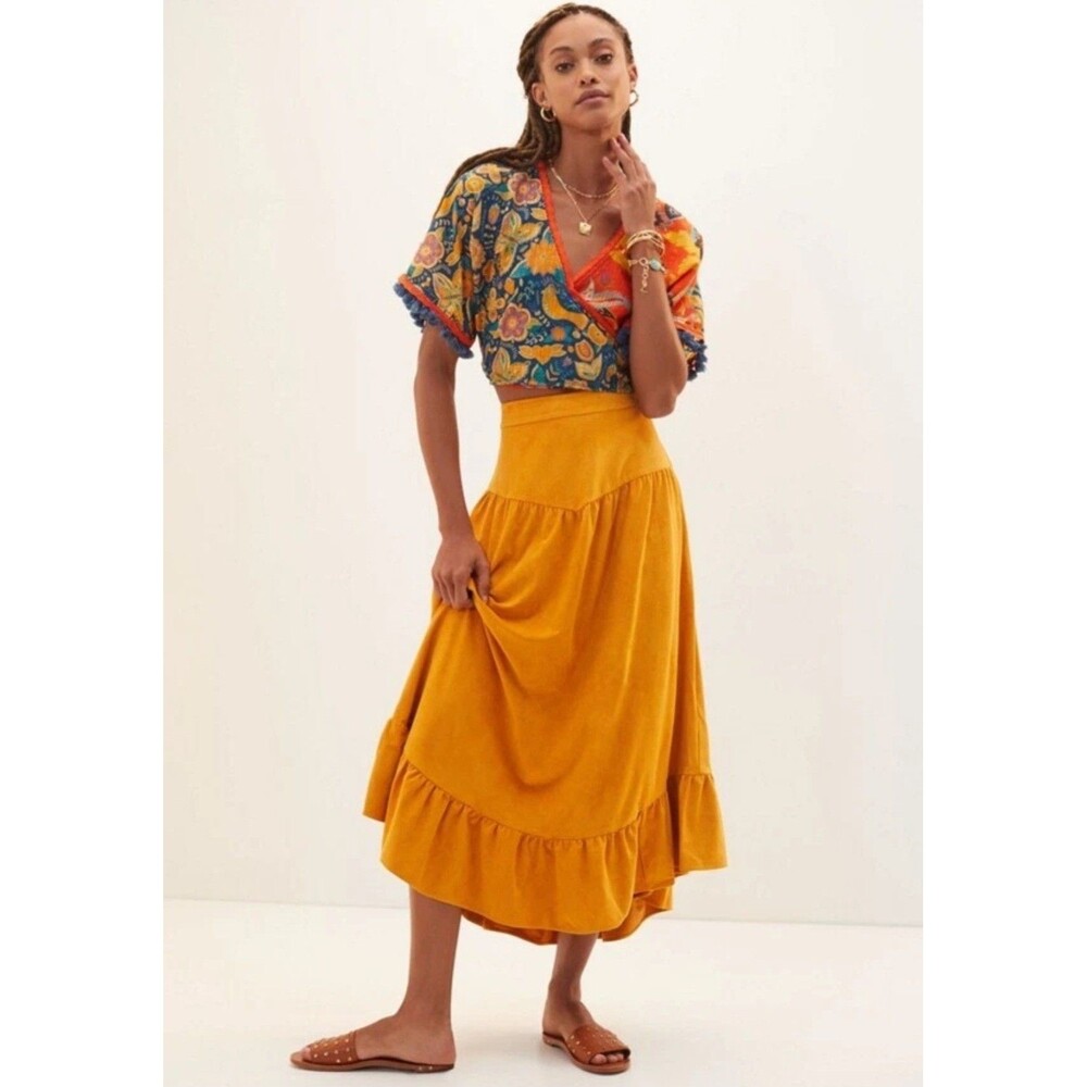 by Anthropologie Yoked Faux Suede Maxi Boho Skirt Size XS Marigold Yellow - Picture 1 of 11